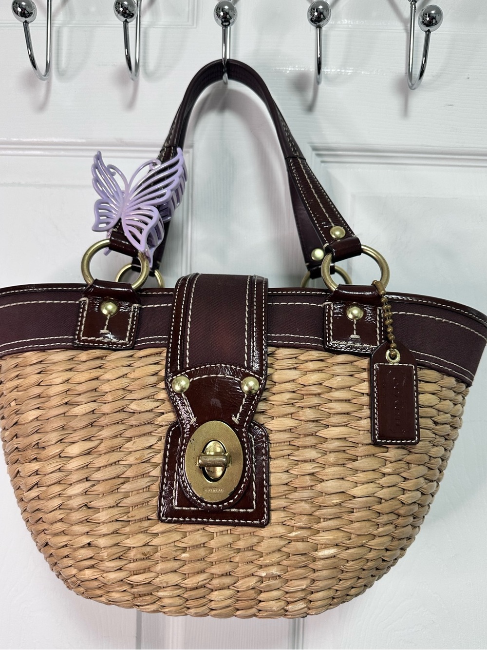 Coach Vintage Natural Straw Tote with Brown Leather Trim